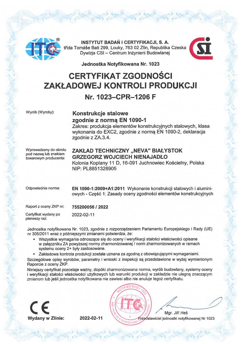 Certyfikat zgodności zakładowej kontroli produkcji